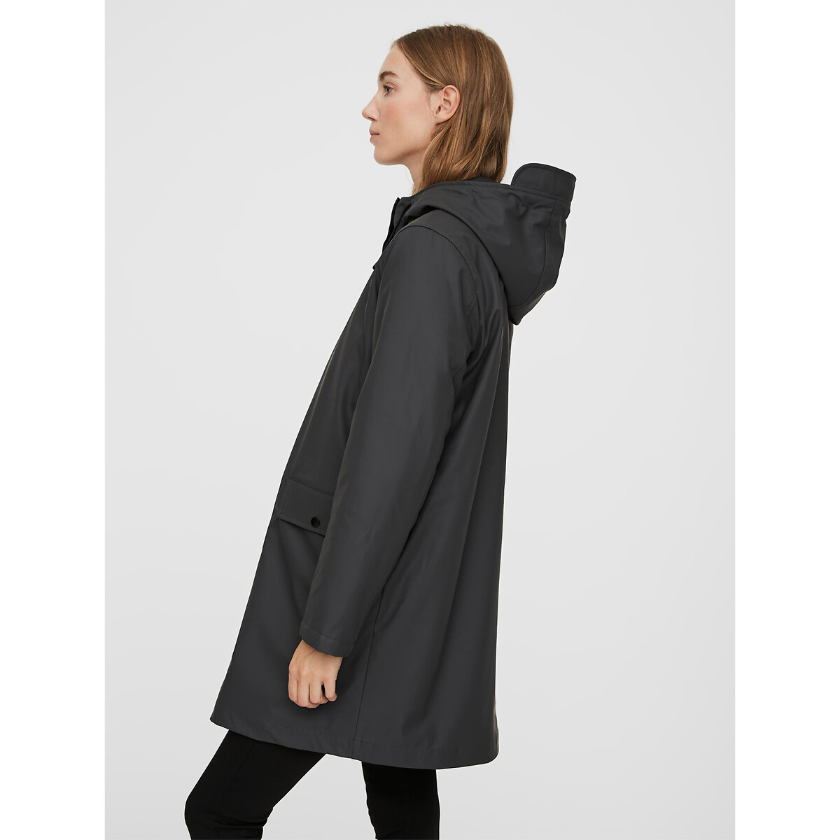 hooded mid-length raincoat