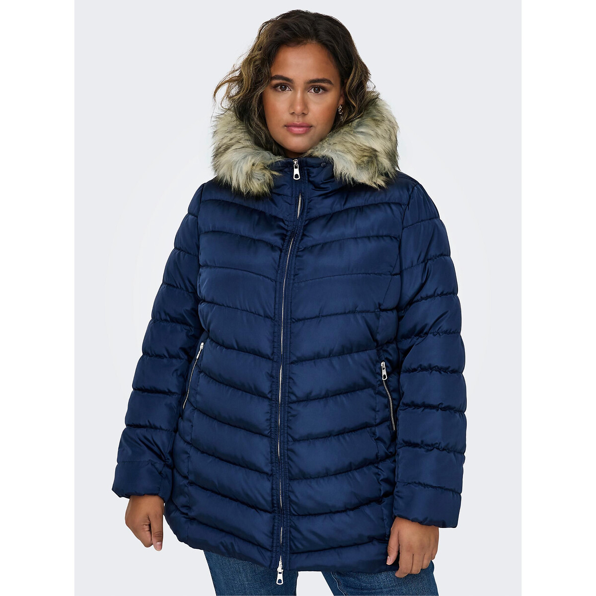 Hooded Quilted Padded Jacket with Faux Fur Trim