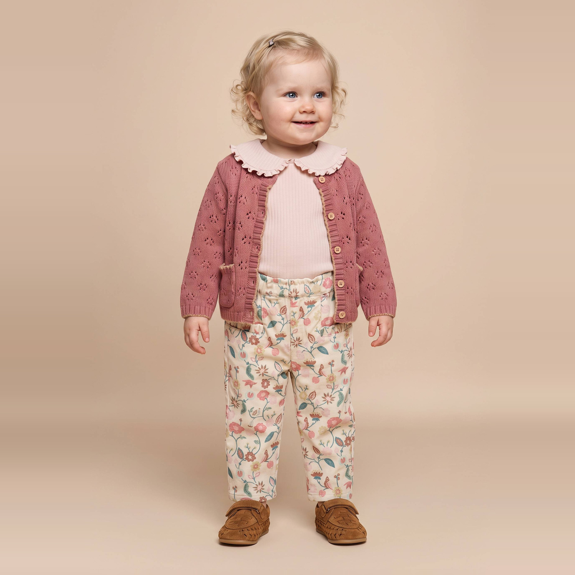 Pantalon taille élastique en velours imprimé doublé en coton BIO GOTS, BOUT'CHOU