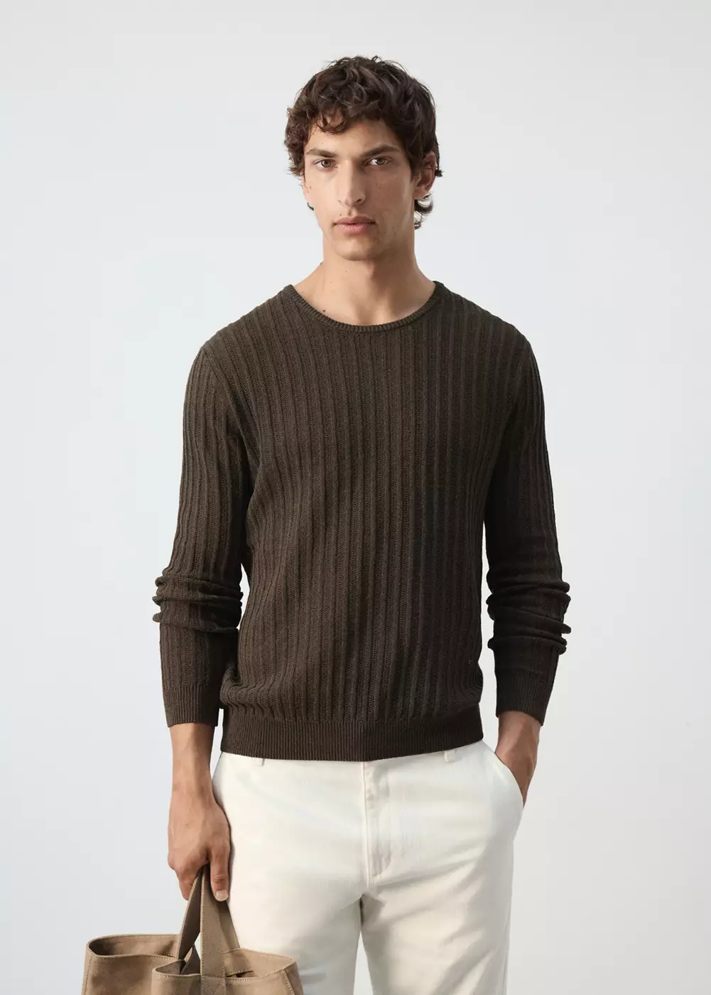 Pull en mélange de coton et lin côtelé, MANGO MAN