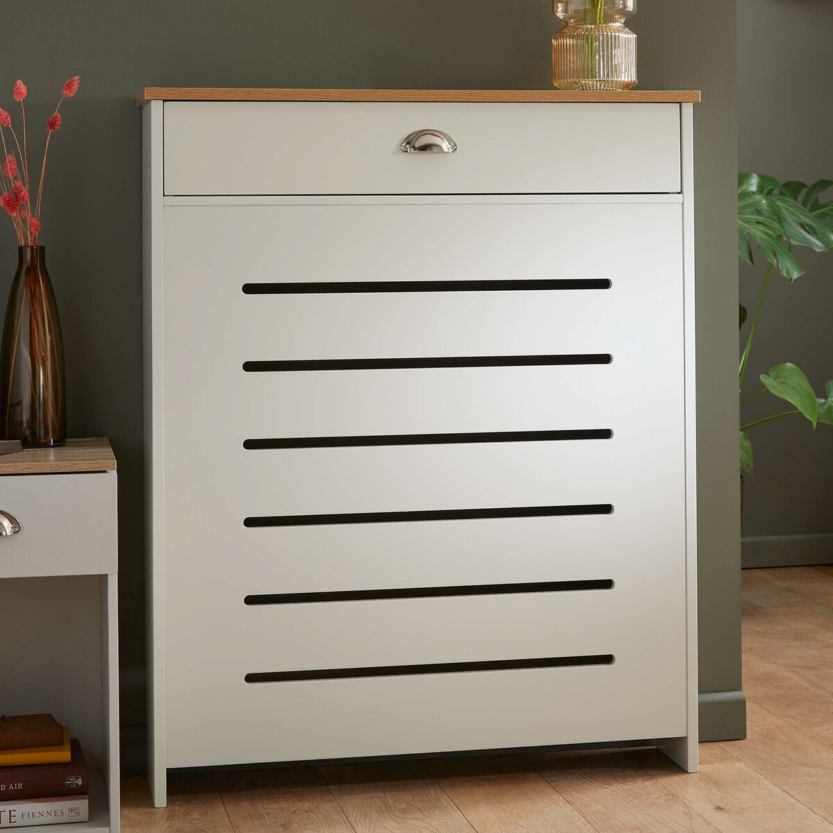 Radiator cover with shoe on sale storage