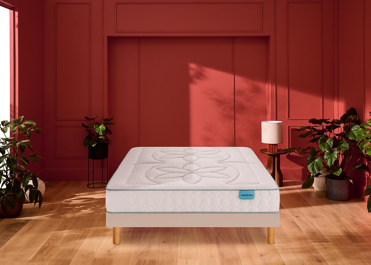 Ensemble matelas latex, soutien et sommier à lattes recouvertes, COZY GREEN 2, MERINOS