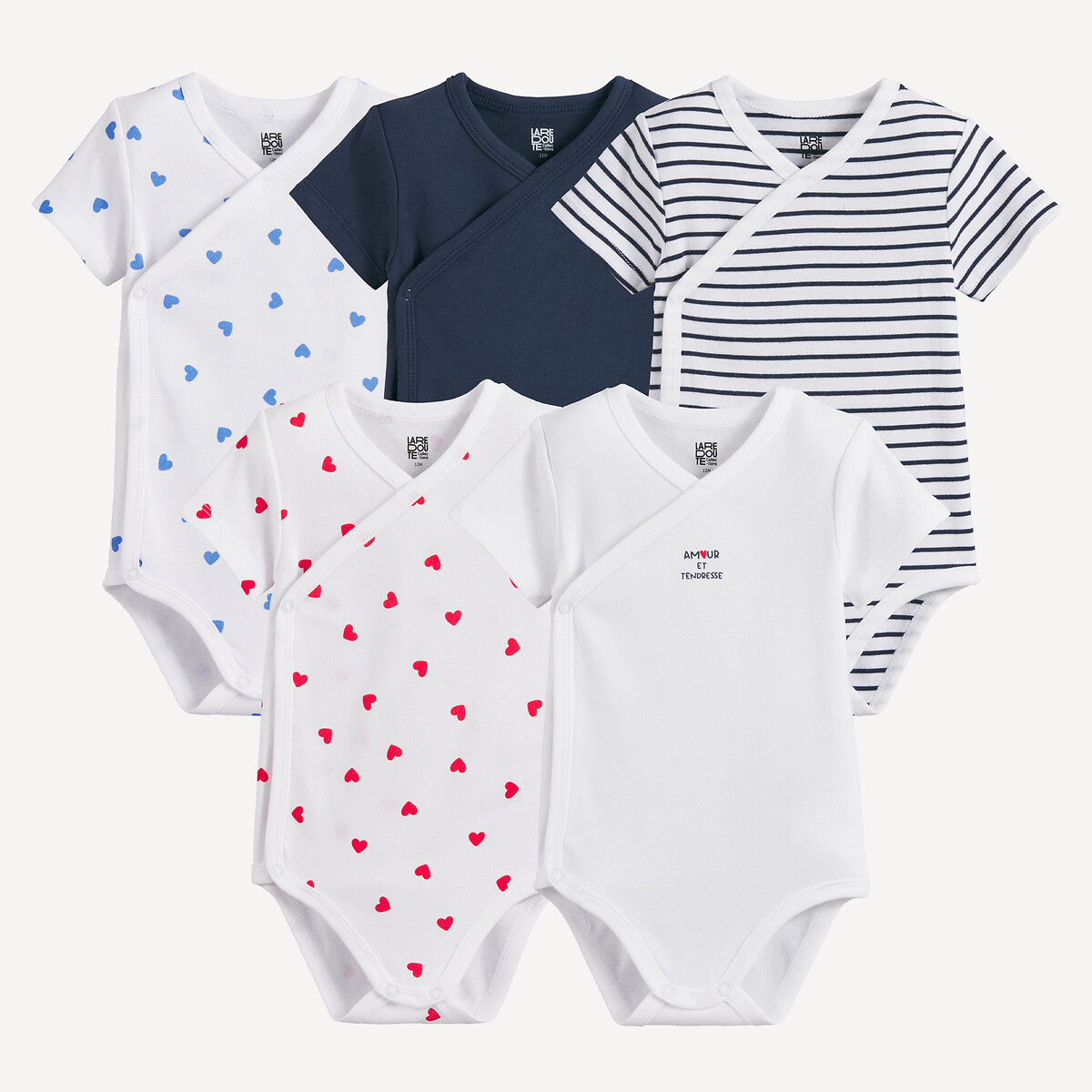 Lot de 5 bodies croisés manches courtes, en coton, imprimés coeurs et rayures, LA REDOUTE COLLECTIONS