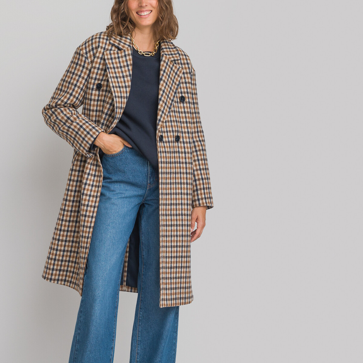 Recycled Checked Coat in Wool Mix