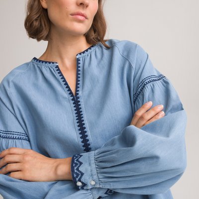 Embroidered Denim Oversized Shirt with Grandad Collar LA REDOUTE COLLECTIONS