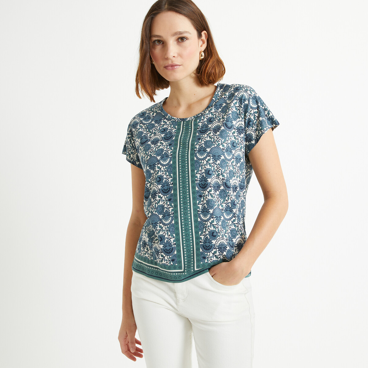 Floral cotton mix t shirt with crew neck and short sleeves blue