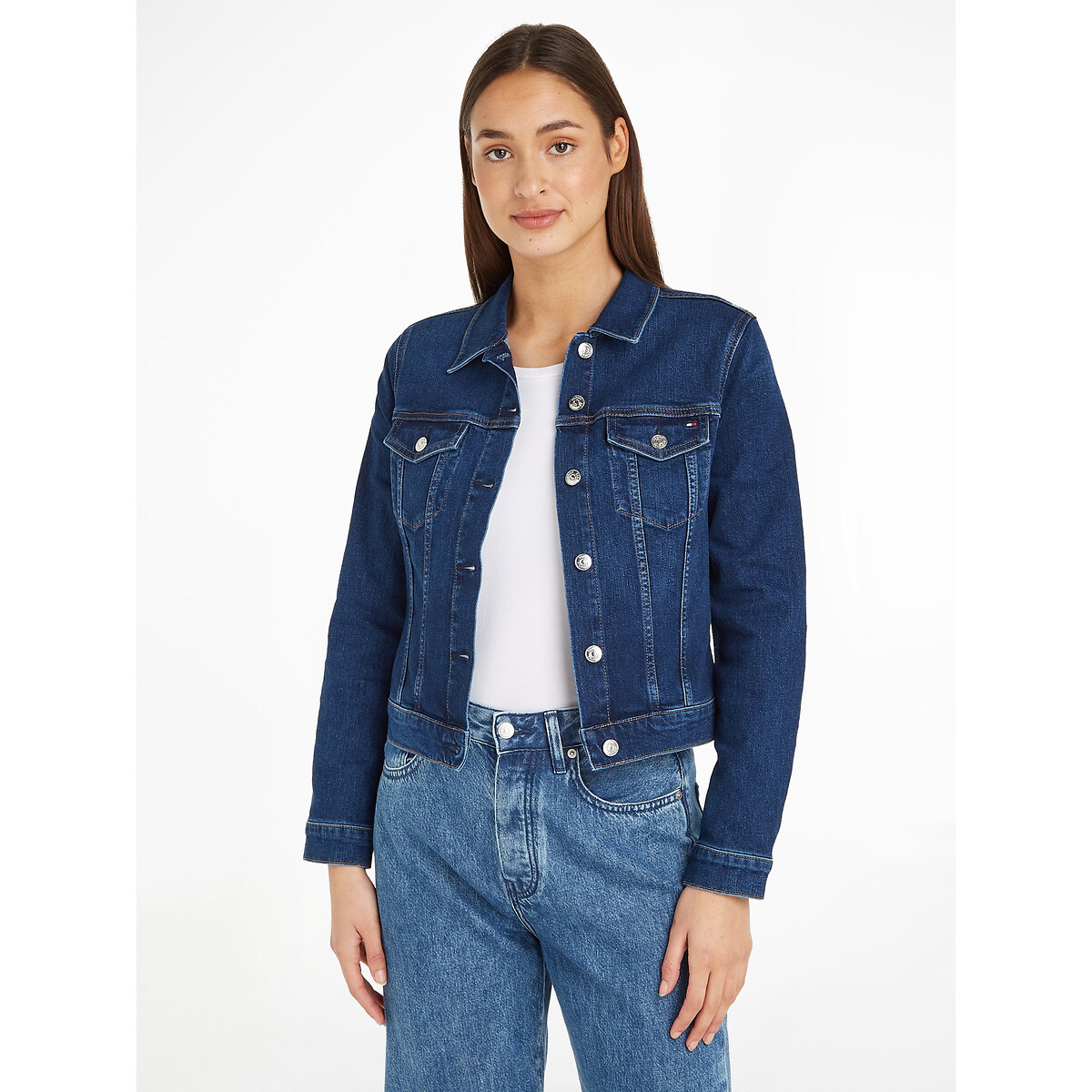 Image of Denim Cropped Buttoned Jacket