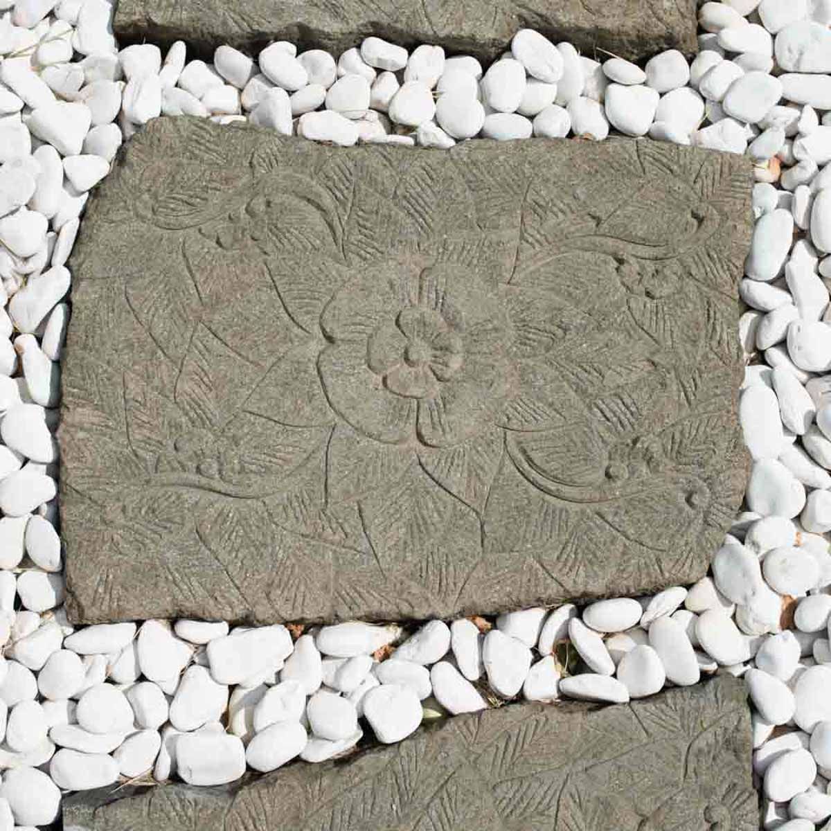 2 pas japonais en pierre volcanique rectangle sculpte fleur