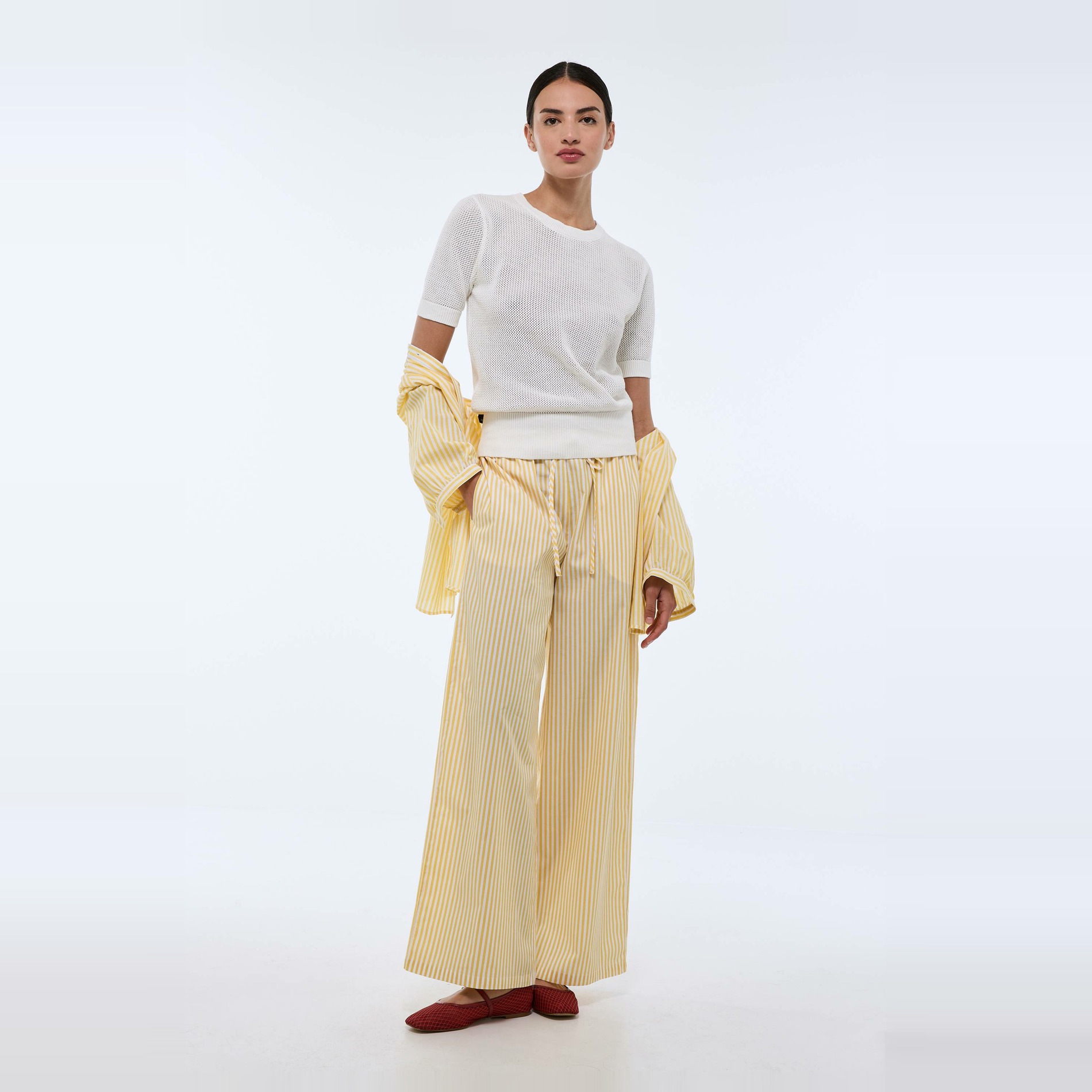 Pull manches courtes à maille ajourée en coton, MONOPRIX