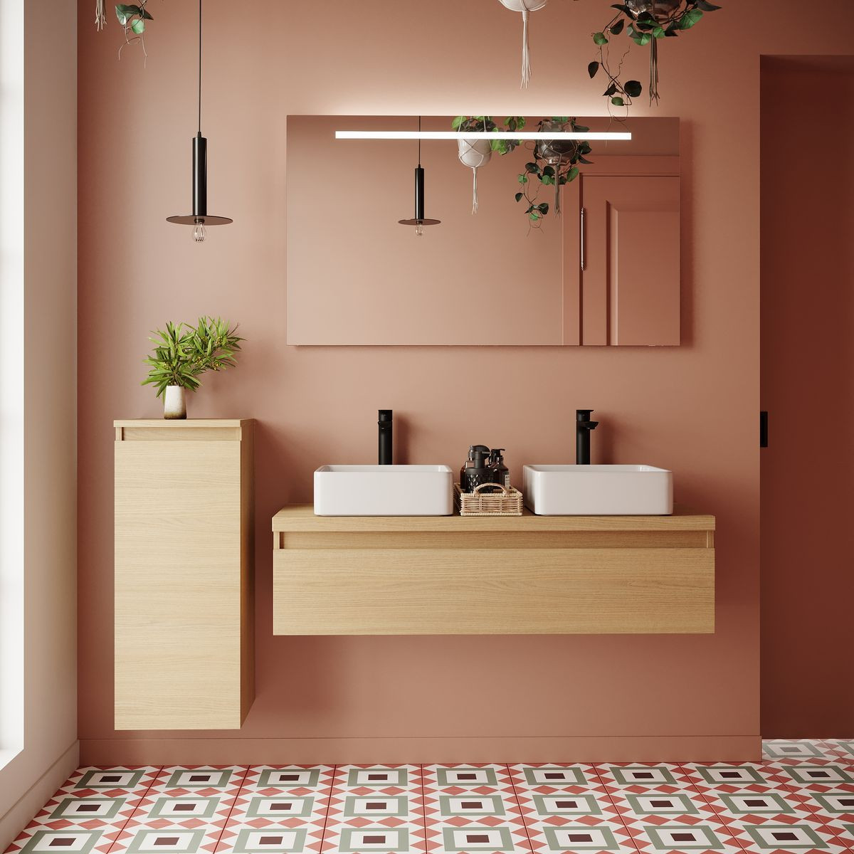Meuble salle de bain 2 vasques posées 1 tiroir - HUDSON, HOMIFAB