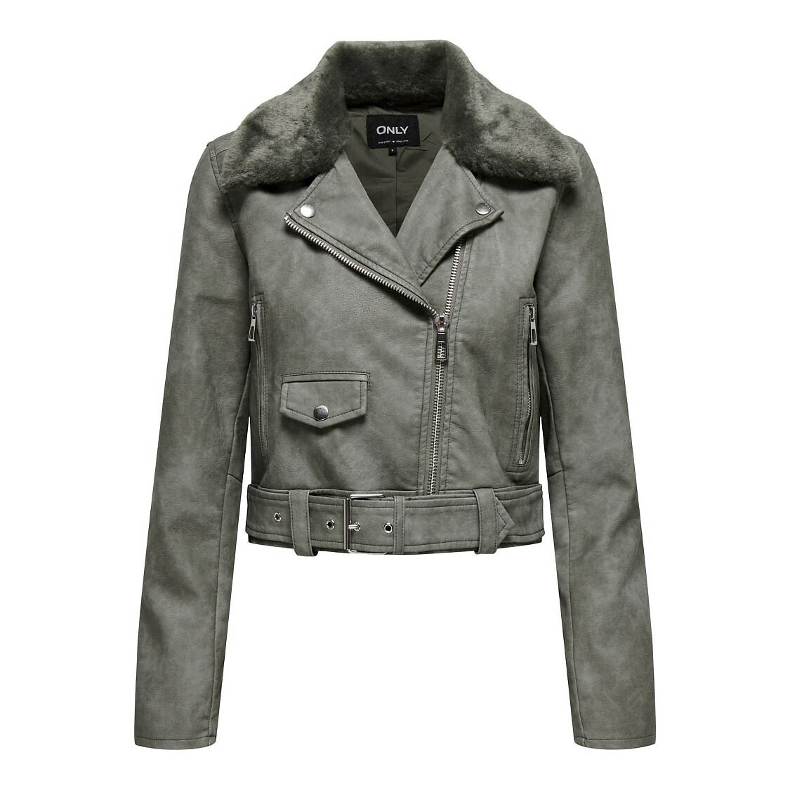 Short biker jacket in faded faux leather grey green Only La Redoute
