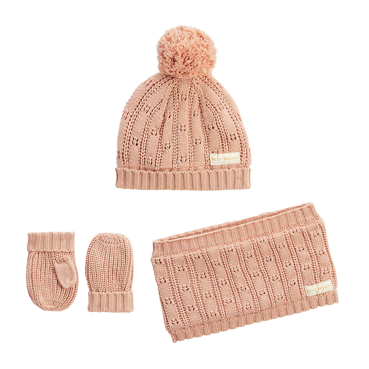 Ensemble bonnet, moufles et cache-cou enfant en tricot Esmée, PETIT BEGUIN
