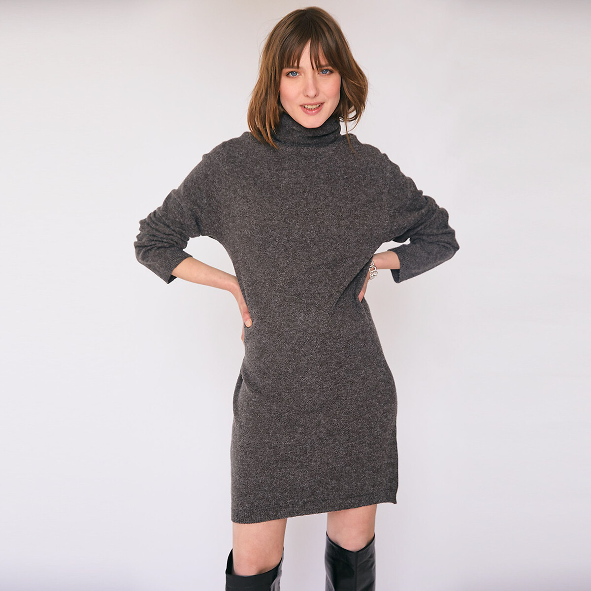 gray turtleneck sweater dress