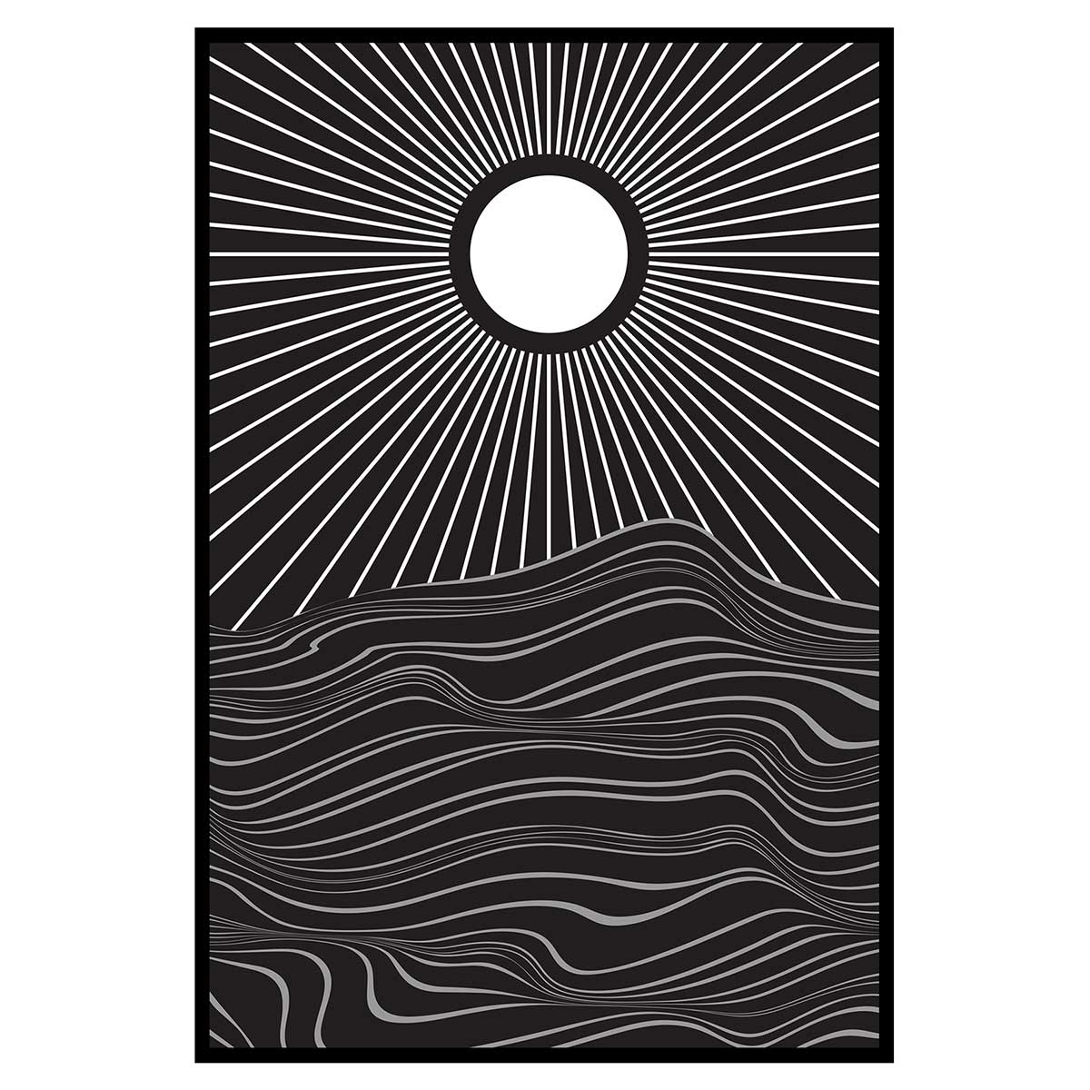 Affiche encadrée abstraite soleil lignes noires, HEXOA
