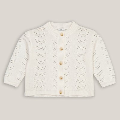 Cotton Mix Cardigan in Fine Openwork Knit with Buttons and Crew Neck LA REDOUTE COLLECTIONS