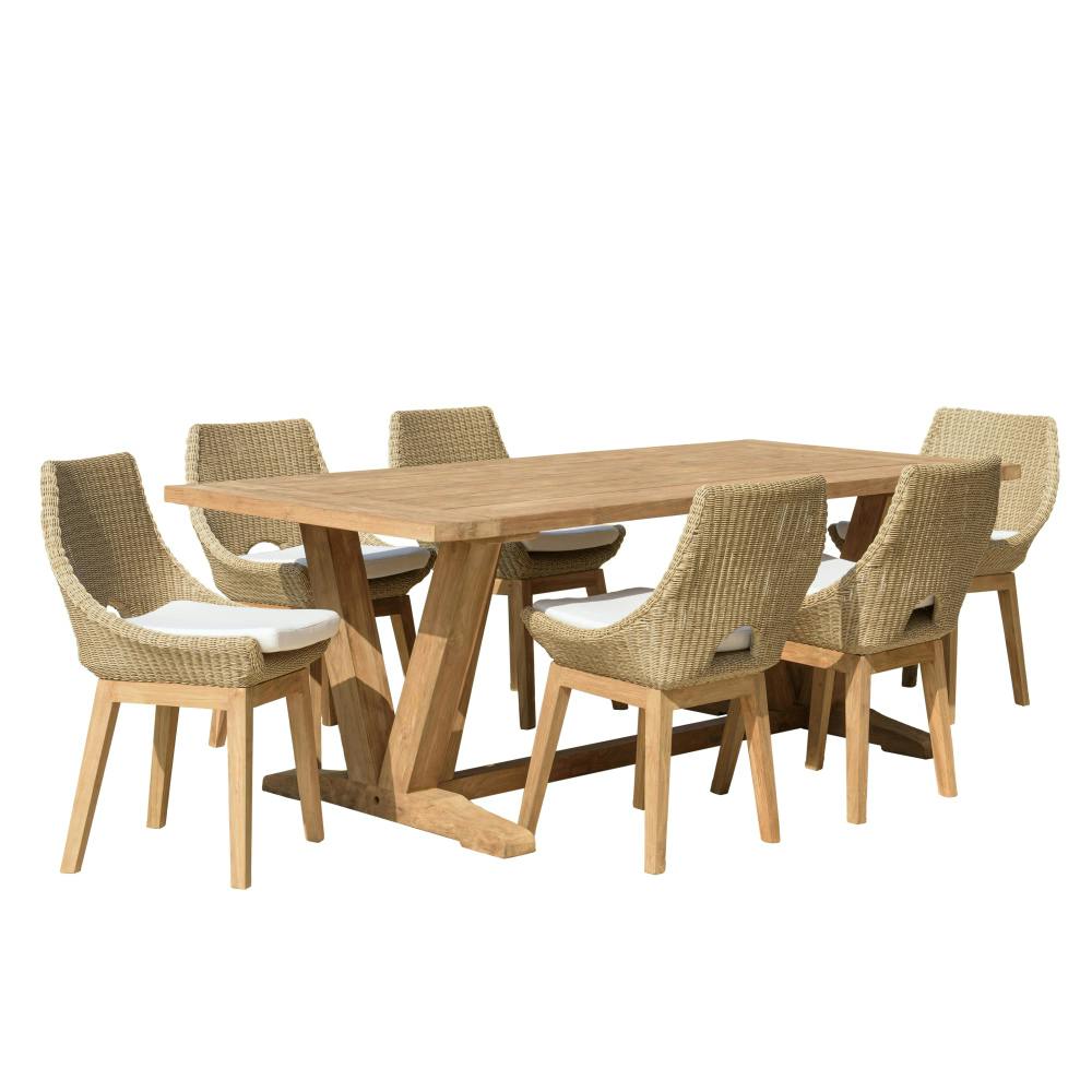 Salon de jardin teck naturel 1 table pieds en V 220 cm + 6 chaises résine tressée MANY, PIER IMPORT