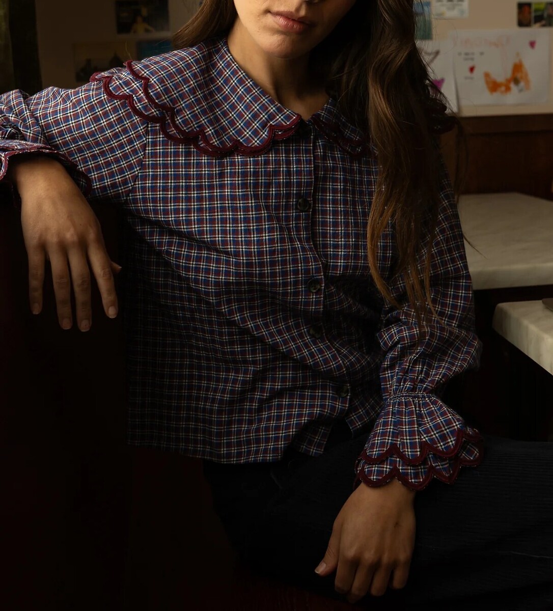 Blouse met Claudinekraag, geruit, BHALLAN, APACHES COLLECTIONS