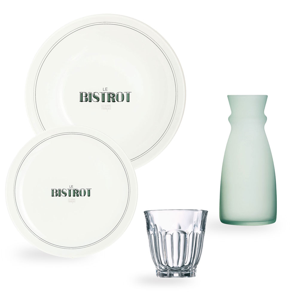 Service de table 19 pièces avec 12 assiettes, 6 verres et 1 carafe 0.75L, LUMINARC