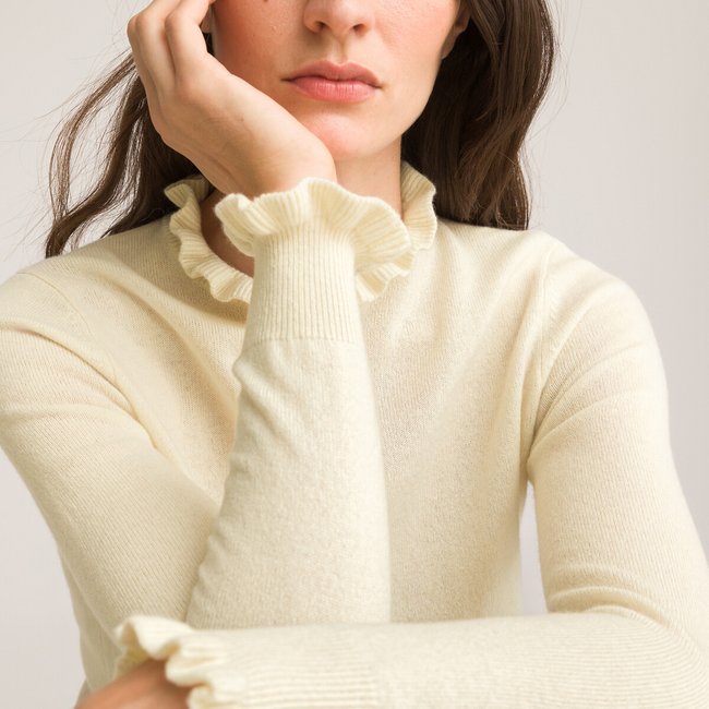 Cashmere/Wool Jumper with High Ruffled Neck, ivory, LA REDOUTE COLLECTIONS