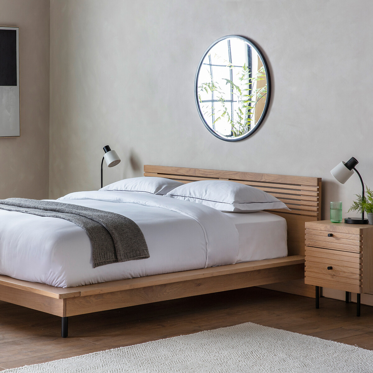 Solid Oak Platform Bed With Slatted Headboard, Natural, So'Home | La Redoute