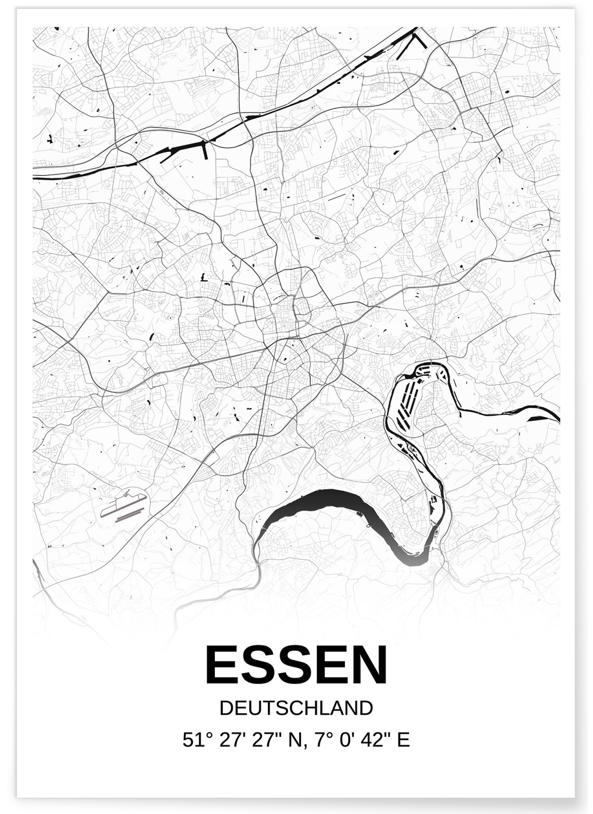 Affiche carte Essen - rectangle Noir et Blanc, L'AFFICHERIE