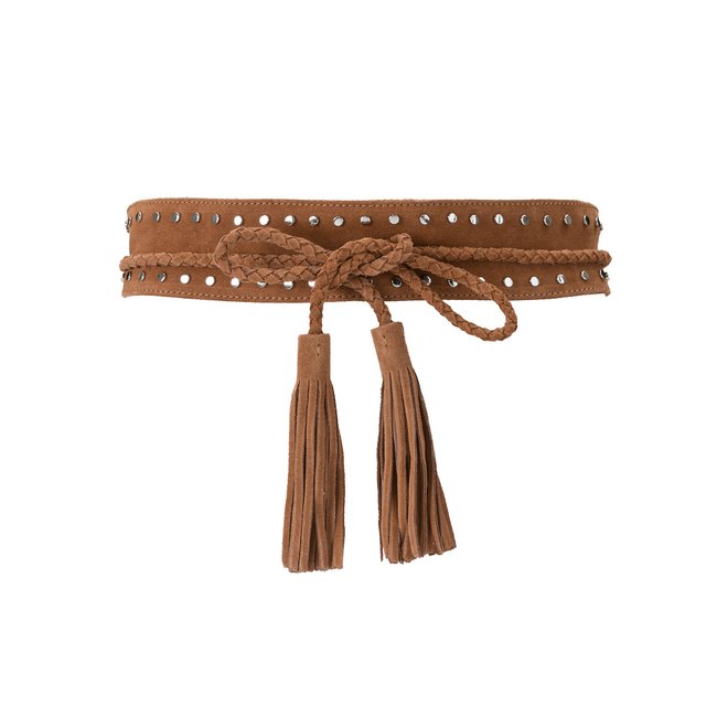 Suede Wide Studded Belt with Tassel Trim, camel, LA REDOUTE COLLECTIONS