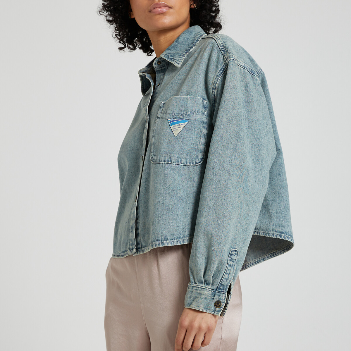 Image of Besobay Denim Cropped Shirt with Long Sleeves