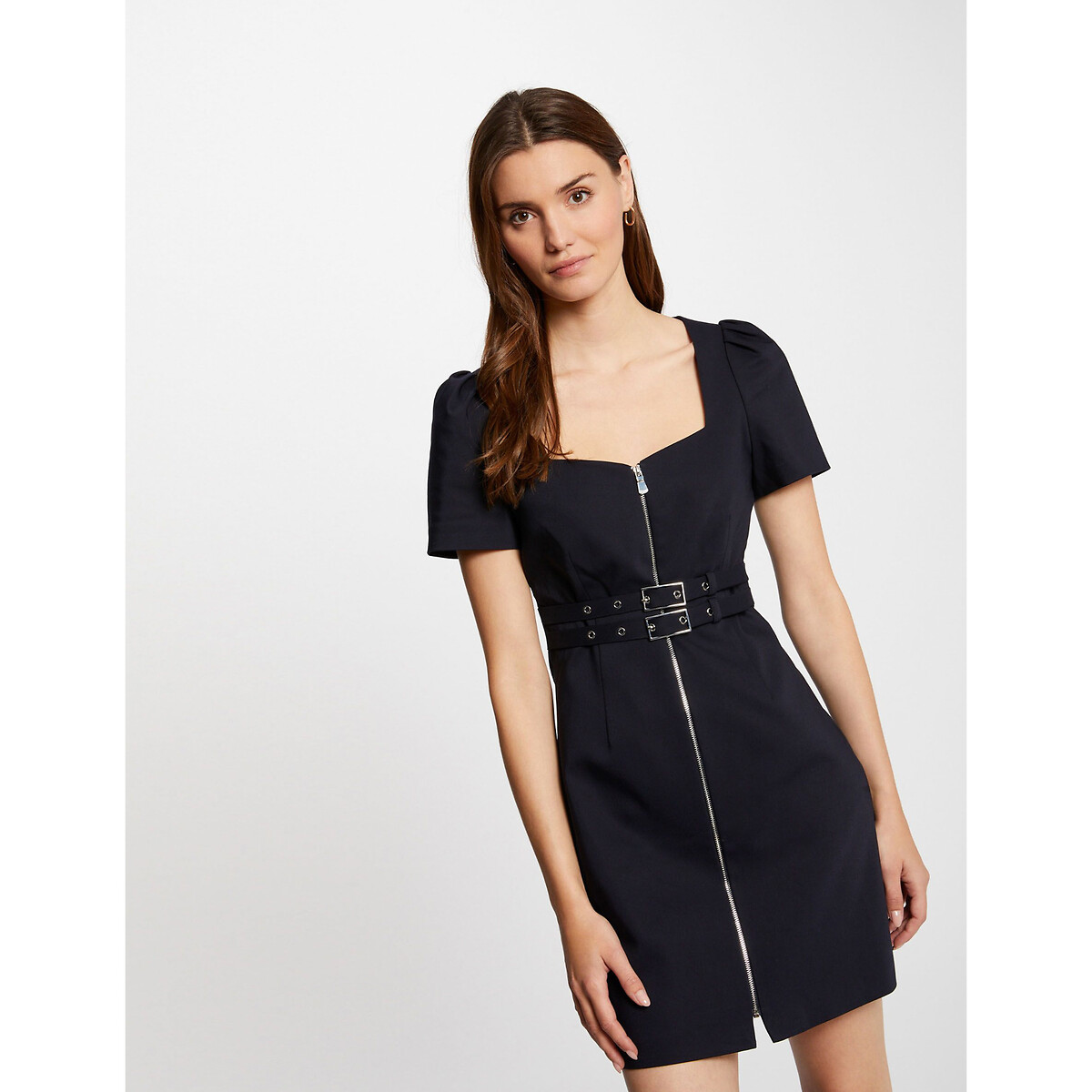 Zipped Fitted Mini Dress in Cotton Mix