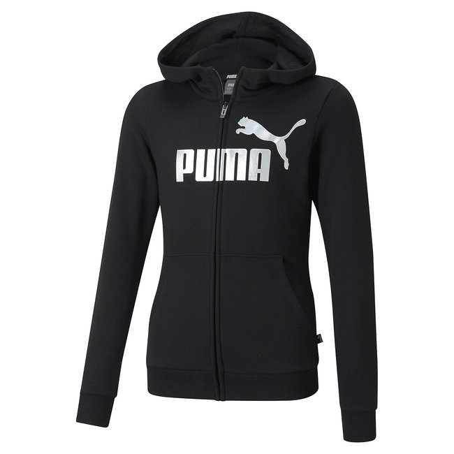 Logo print hoodie in cotton mix with zip fastening, 8-16 years, black ...