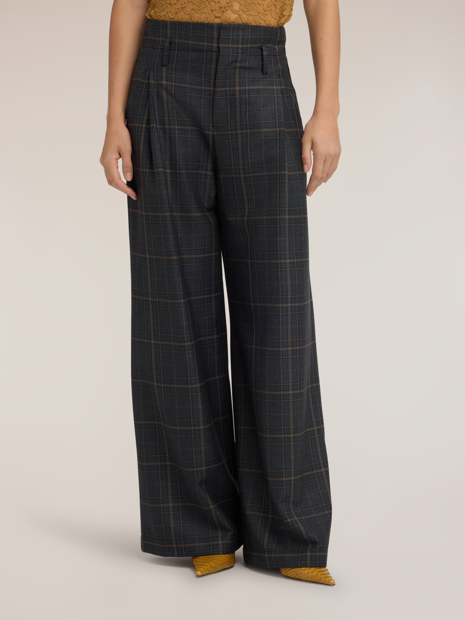 Pantalon palazzo taille haute à motif carreaux, MOTIVI