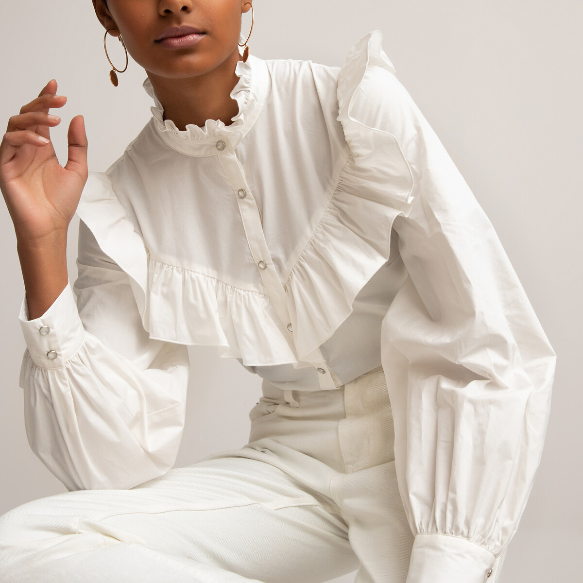 Cotton ruffled shirt with high-neck 