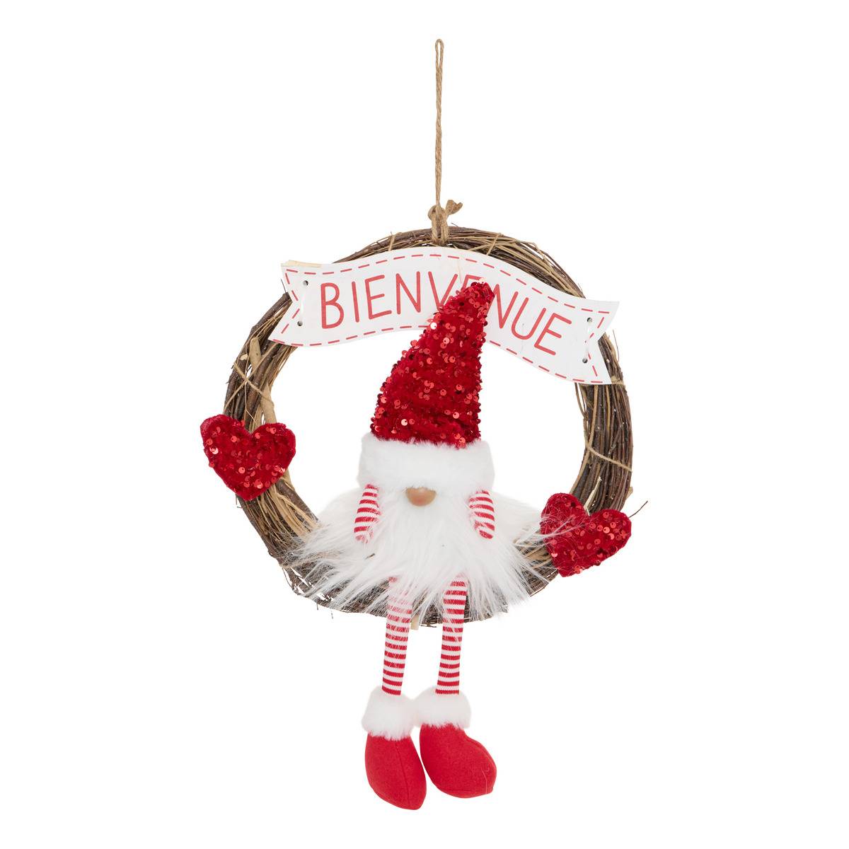 Couronne Père Noël cœur blanc et rouge D. 36 cm, FEERIC LIGHTS & CHRISTMAS