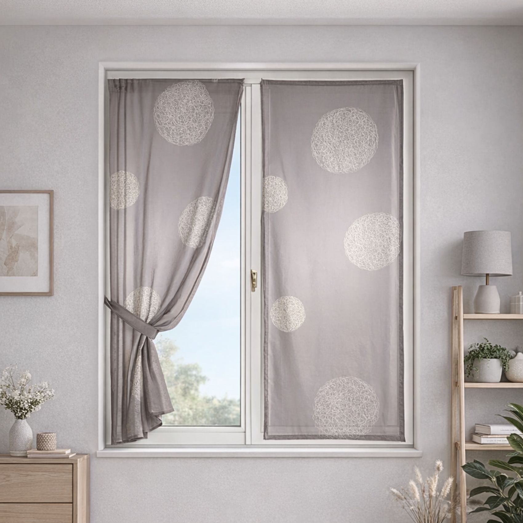 Paire de petits voilages taupe brodés ronds mêlés, HOME MAISON