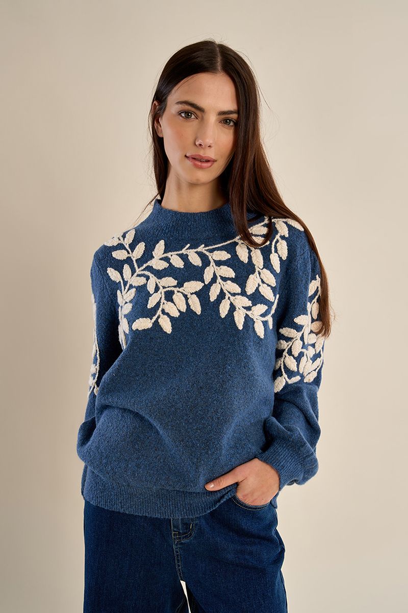 Pull col montant, broderies florales, MOLLY BRACKEN