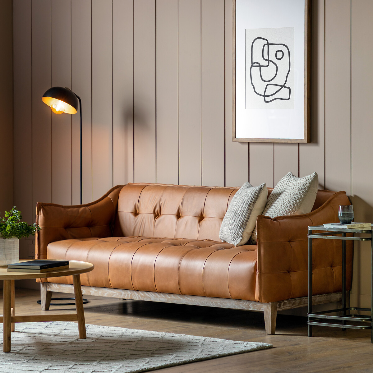 Navsari Leather Buttoned 3 Seater Sofa with Solid Ash Legs, SO'HOME