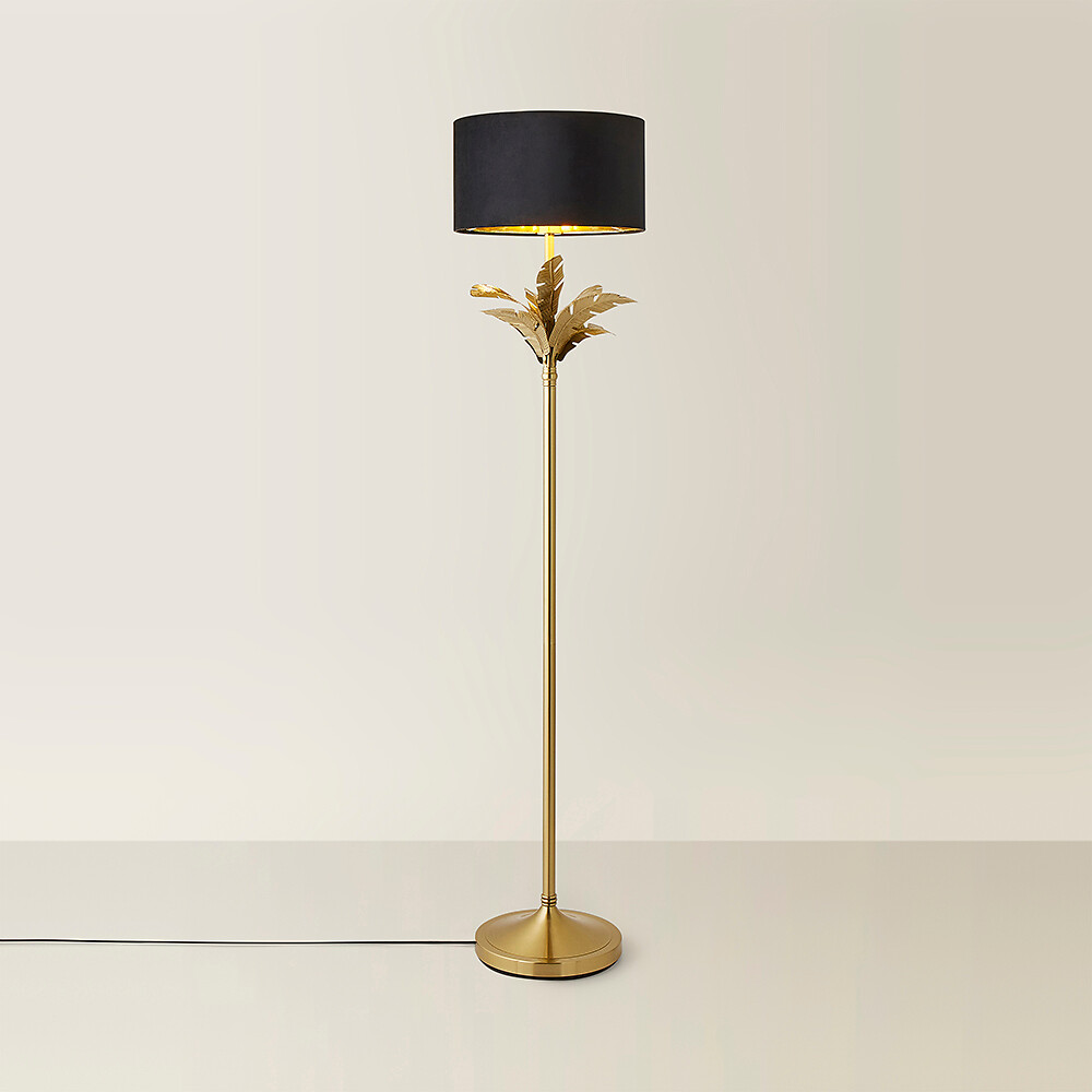Chrissy Gold Palm Leaf Floor Lamp with Velvet Drum Shade, SO'HOME