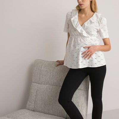 Broderie Anglaise Maternity Blouse in Cotton with Ruffled Neck LA REDOUTE COLLECTIONS