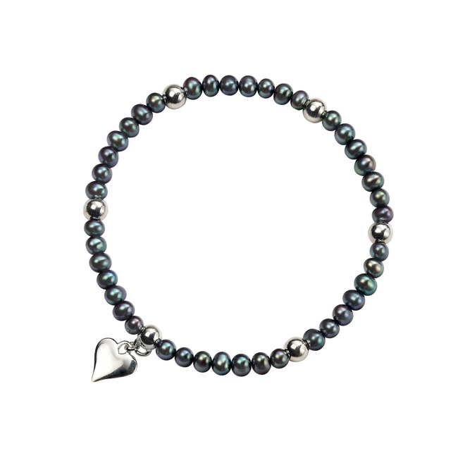 Sterling Silver Black Freshwater Pearl Heart Charm Bracelet, peacock blue, BEGINNINGS