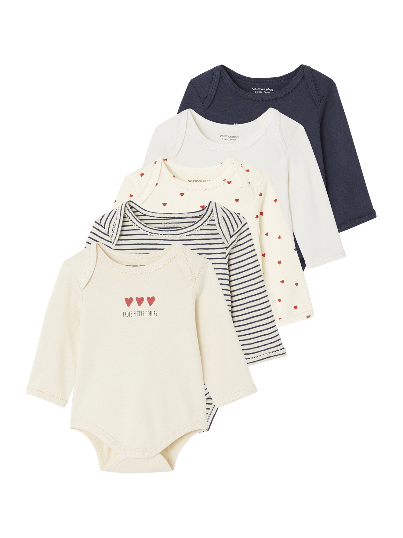Lot de 5 bodies manches longues emmanchure US en coton Bio, VERTBAUDET