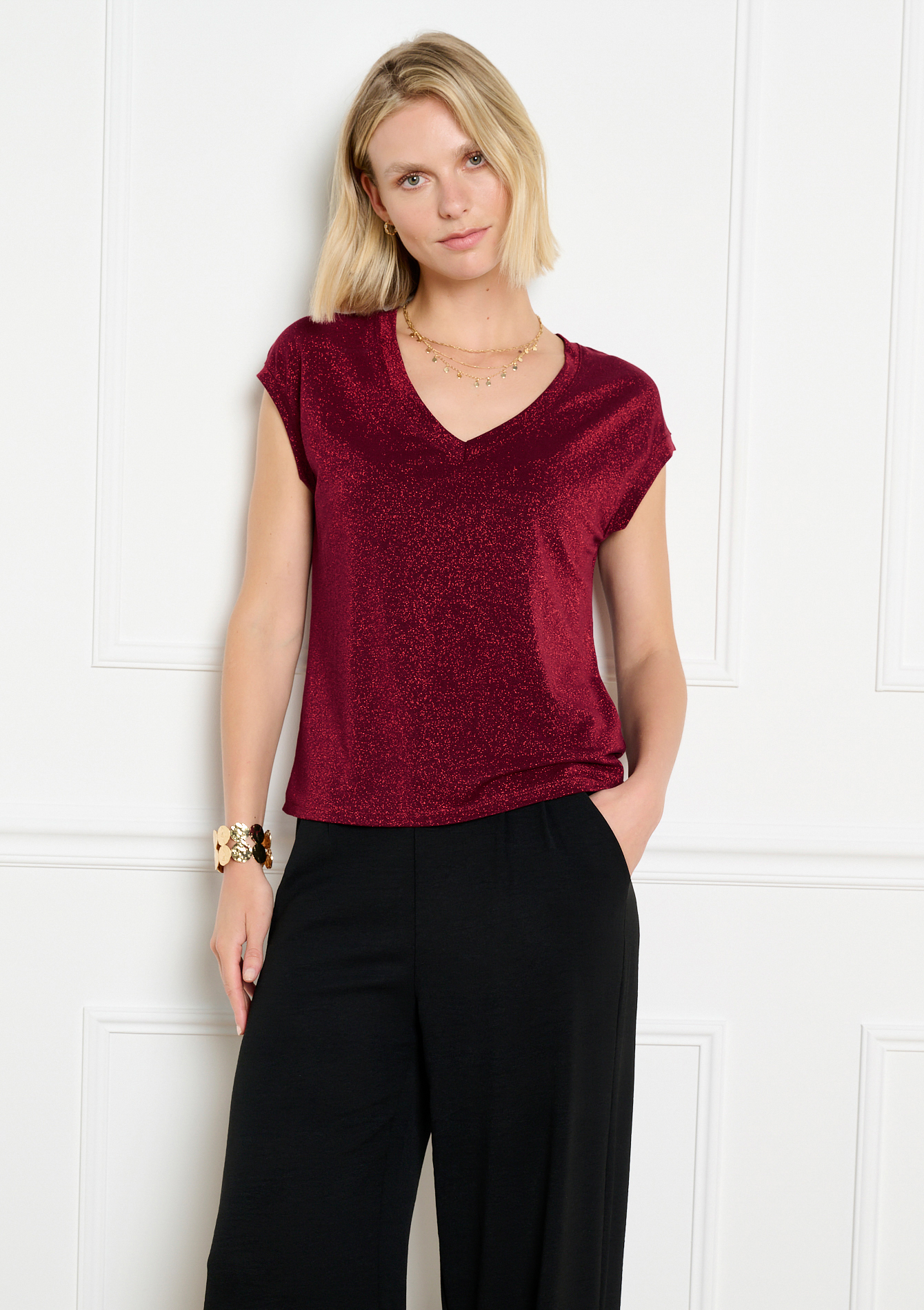 T-shirt fil textile col v, LOLALIZA