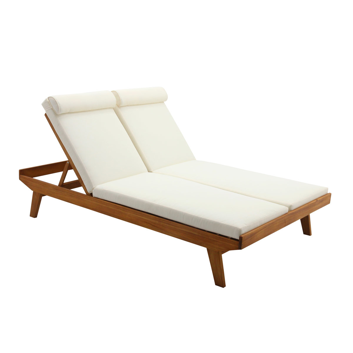 Bain de soleil double avec dossiers multipositions beige et bois massif L127 cm CARACAS, MILIBOO