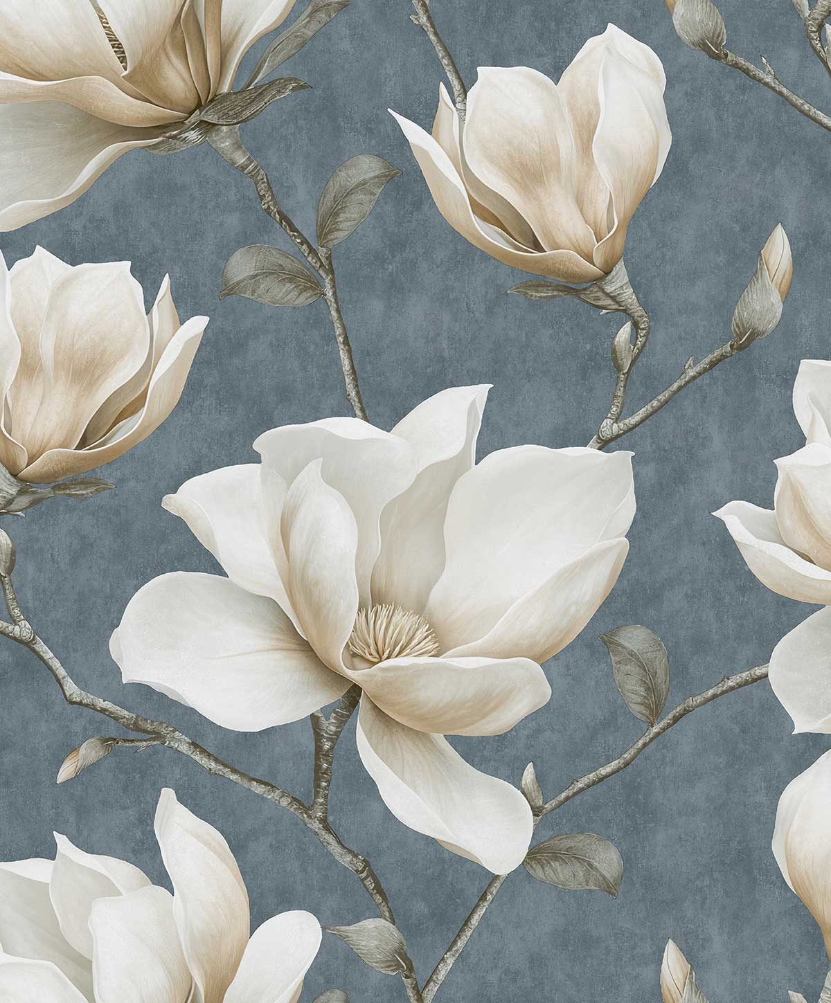 Papier peint magnolia blanc crème fond bleu ardoise, HEXOA
