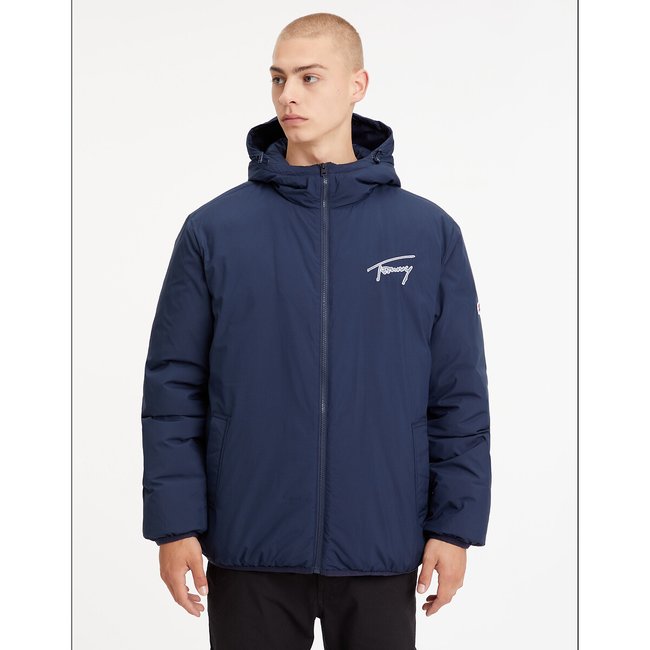 Mid-Season Short Jacket with Embroidered Logo and Hood, navy blue, TOMMY JEANS