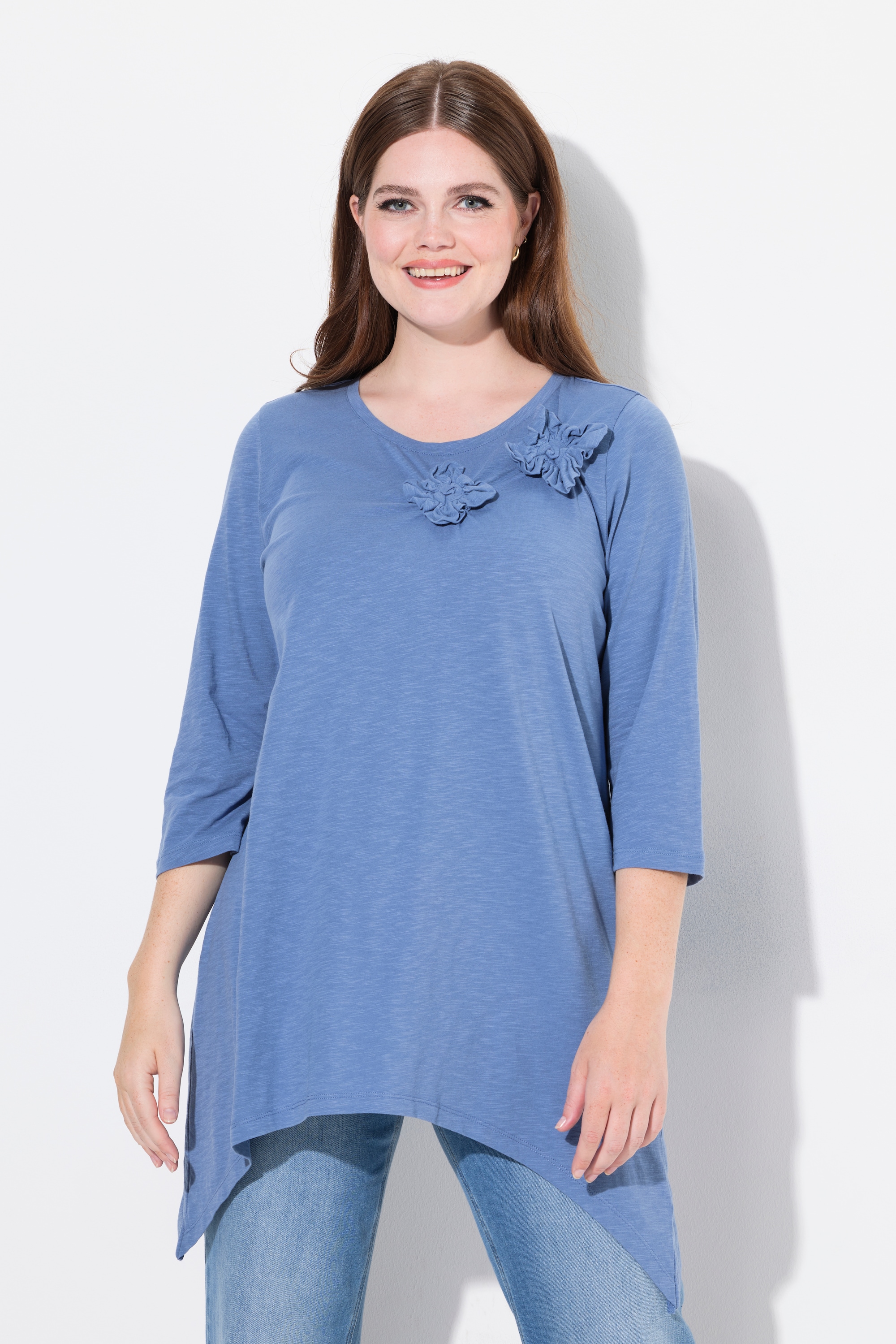 Chemise, fleurs 3D, col rond, manches 3/4, ULLA POPKEN