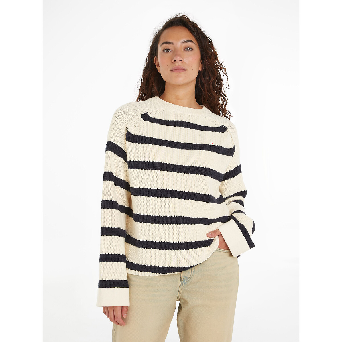 Striped Chunky Knit Jumper in Cotton with Crew Neck