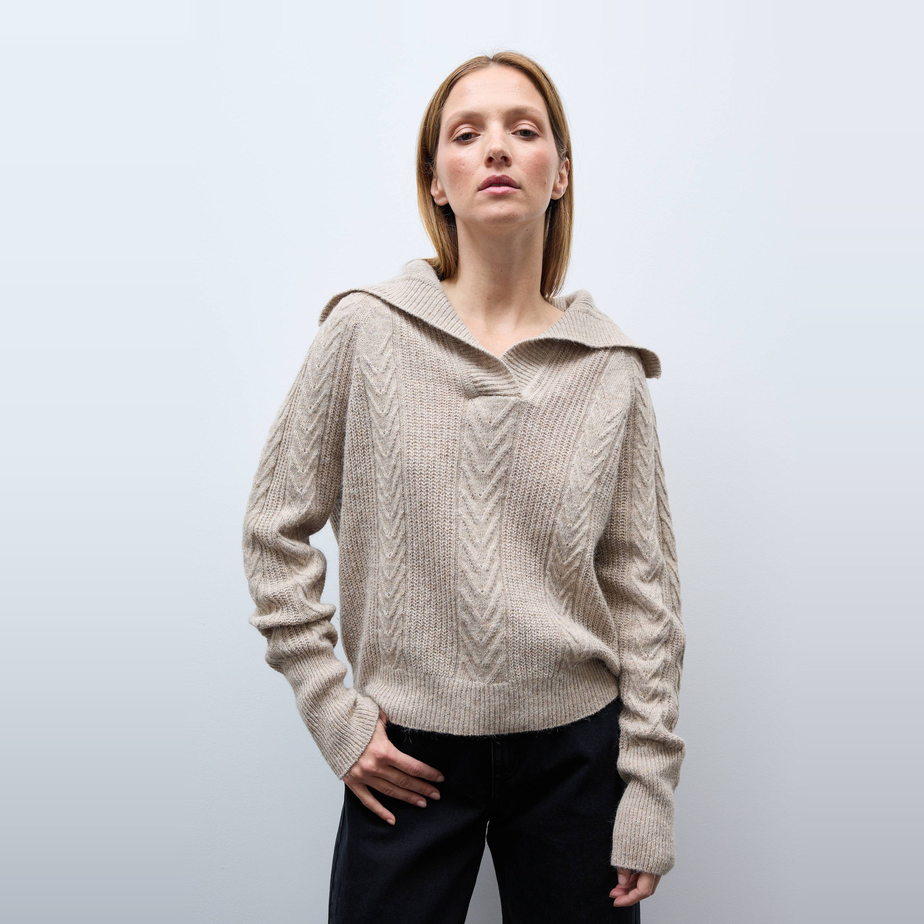 Pull à manches longues col polo torsadé, MONOPRIX