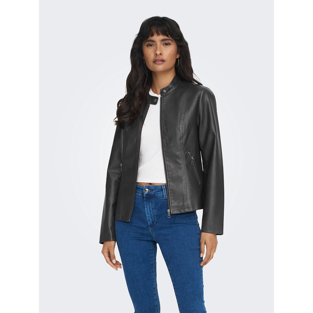 Black leather jacket short deals