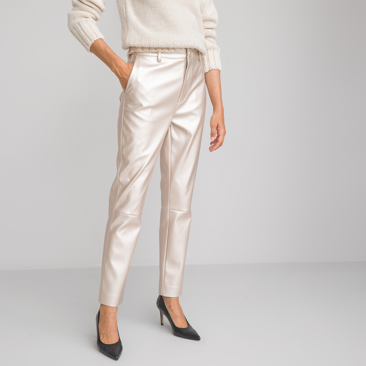 Recycled faux leather trousers, length 27.5, white/gold-coloured