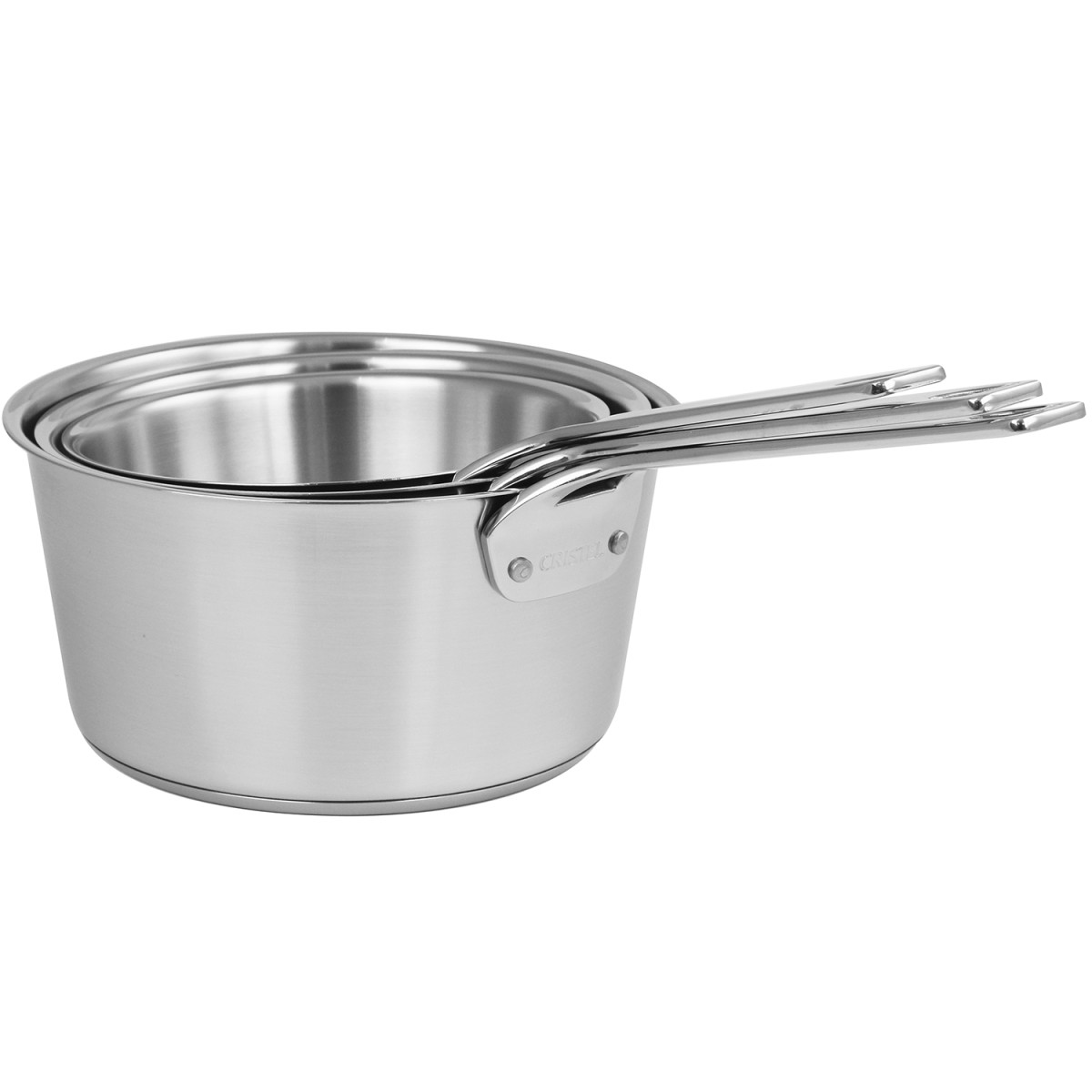 Série de 3 casseroles en inox brossé à poignée fixe polie 1826, CRISTEL