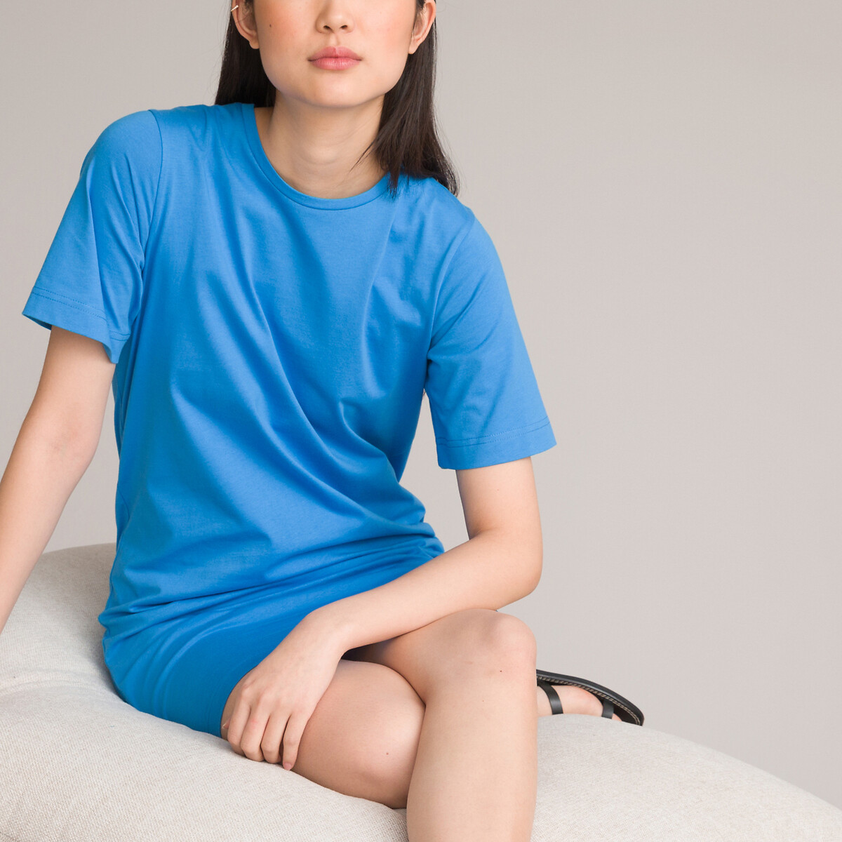 Cotton Mini T shirt Dress With Short Sleeves And Crew Neck La Redoute 